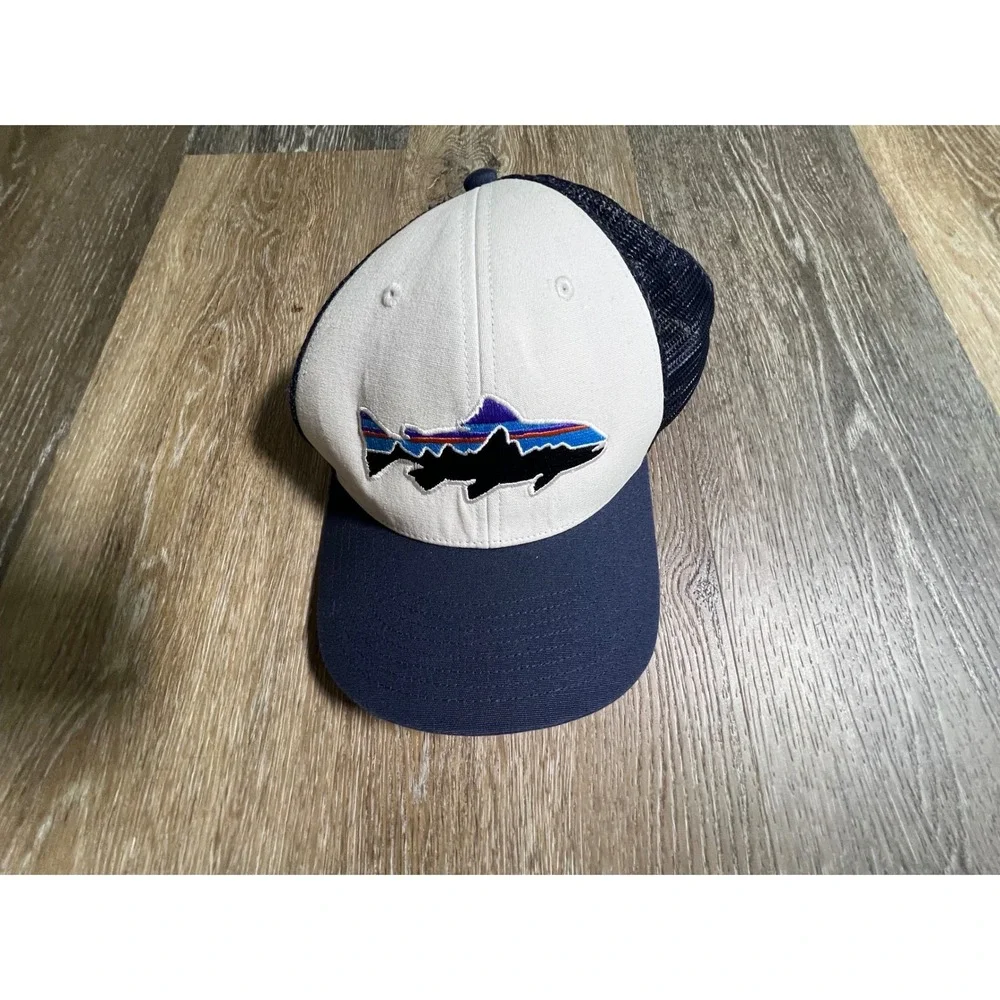 Patagonia Trucker Hat Mens OSFA Navy White‎ Fitz Roy Trout Snapback Mesh Cap